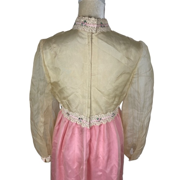 Vintage 60s 70s Empire Gown White Pink Organza Lace Ribbon Trim Formal Dress - Picture 10 of 16